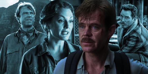 Collage of Sam Neill, Julianne Moore, William H. Macy and Chris Pratt in various Jurassic Park movies