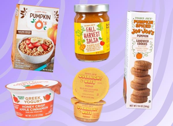 An array of fall items from Trader Joe's set against a vibrant purple background.