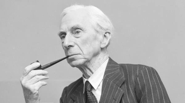 Bertrand Russell pinstripe suit holding pipe