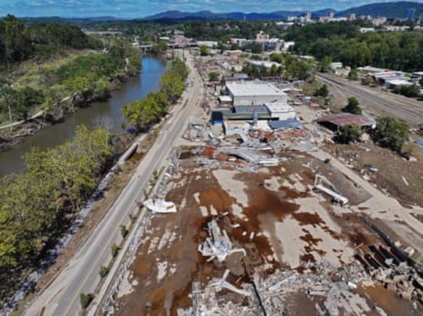 An aerial view of flood damage along the French Broad River in the aftermath of Hurricane Helene.