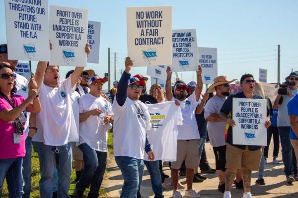 Dockworkers are demanding significantly higher wages and a ban on automation at the ports.