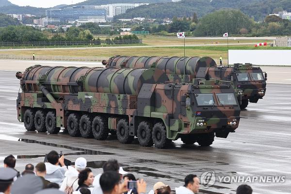 Transporter erector launchers carrying Hyunmoo-5 ballistic missiles move on the tarmac at Seoul Air ba<em></em>se in Seongnam, just south of Seoul, for South Korea's Armed Forces Day ceremony on Oct. 1, 2024. (Yonhap)