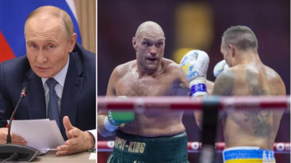 Vladimir Putin (left) and Tyson fury fighting Oleksandr Usyk (right)